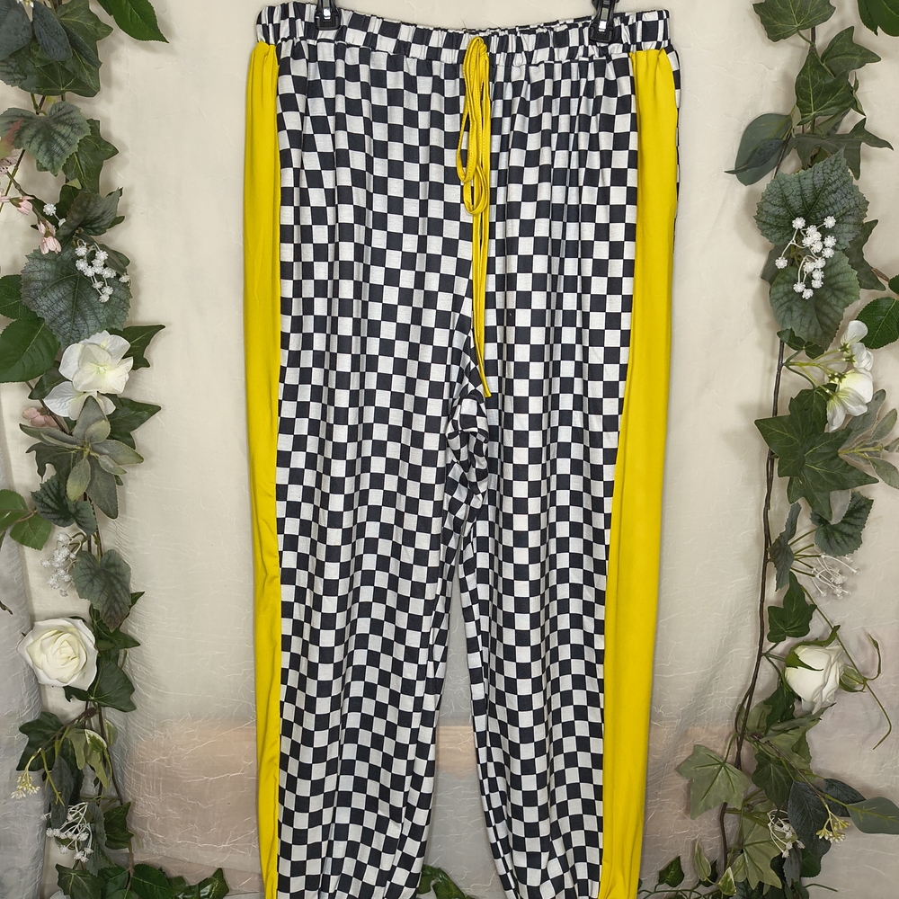 Checkered Black and White Pants with Yellow Stripes